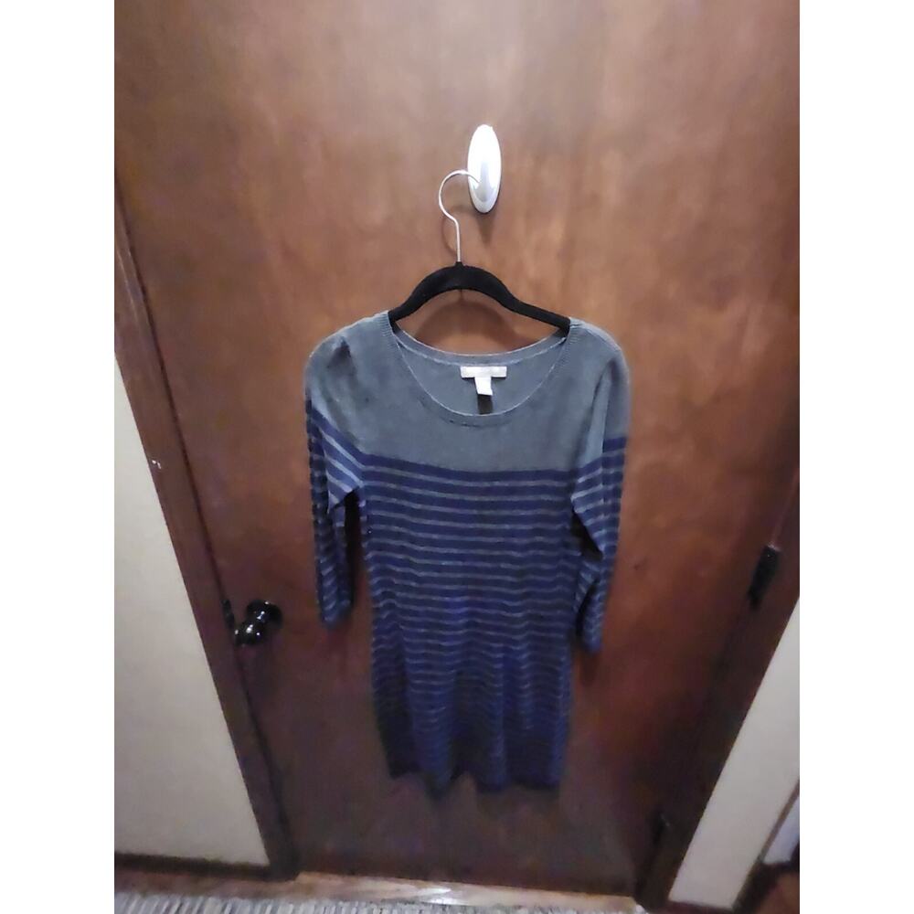 Banana Republic Sweater Dress Women's S Gray Blue Stripe 3/4 Sleeve Knee Length